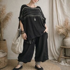 MOYURU Cotton Gauze Dolman Sleeve Short Sleeve Lagenlook Top with Pockets